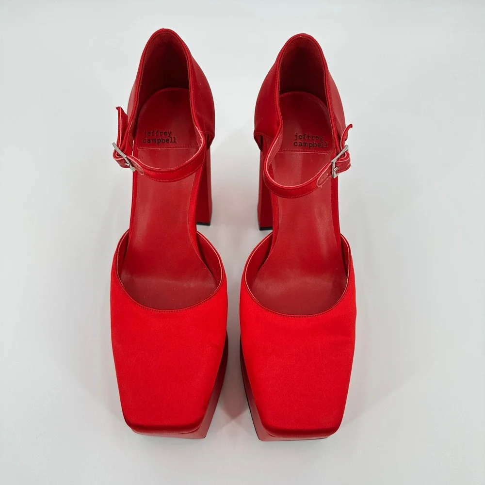 Jeffrey Campbell Over N Out Red Satin Platform Mary Jane Heels Square Toe 9